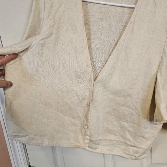 Amalie Linen Cream Button Down Quiet Luxury Old Money Flutter Sleeve Beige Top - Picture 8 of 8